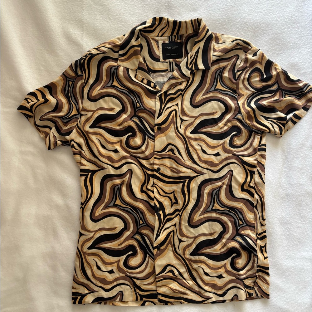 Denim & Flower Casual Button Down Shirt Brown and Black Swirl